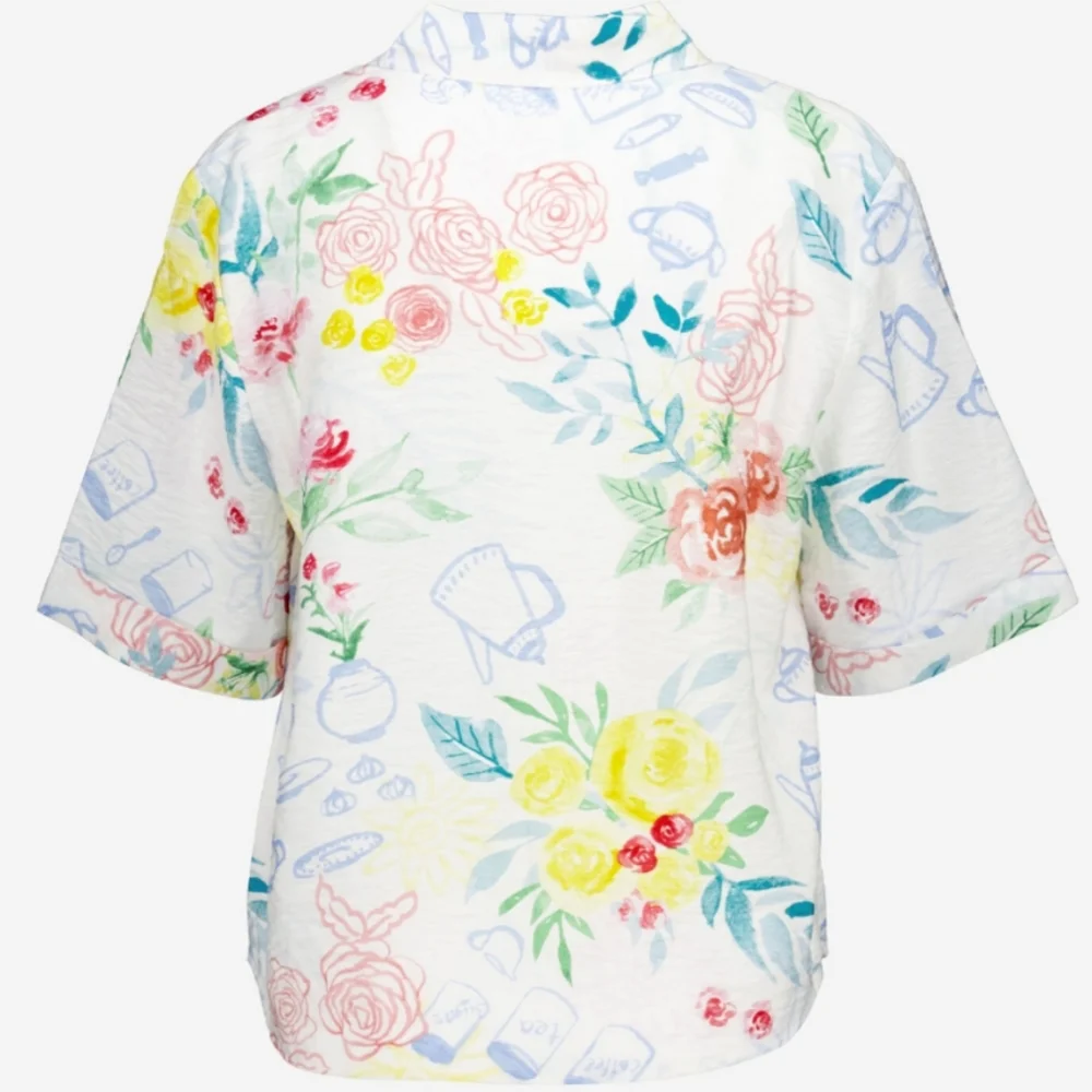 Rachel Zoe White Blue Green Floral Tea Watercolor Short Sleeve Blouse Large - Picture 2 of 12